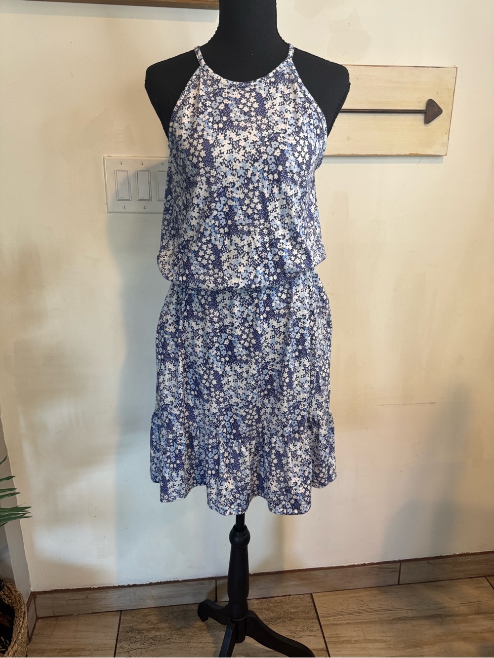 Blue and White Floral Halter Summer Dress